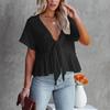 Women's Summer Fashion Colour Loose Short Sleeve Tie Ruffle Top
