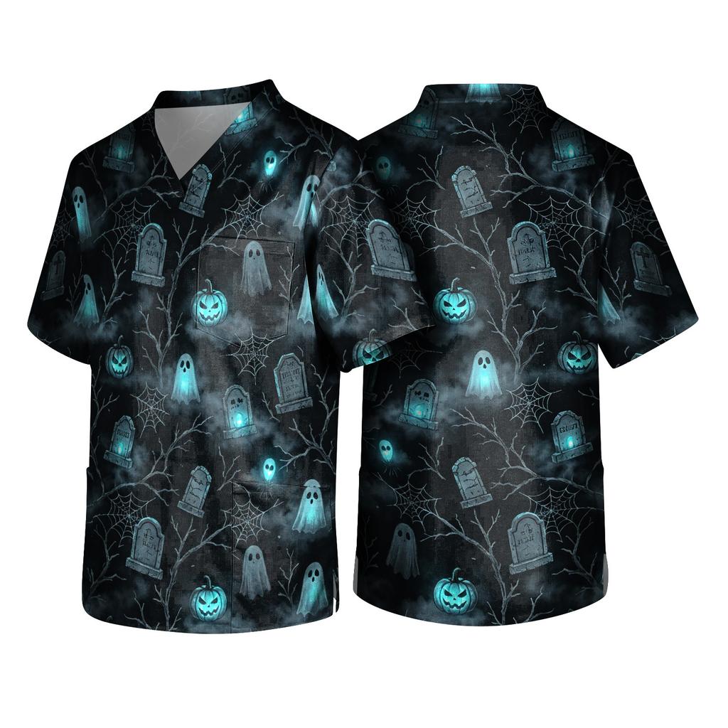 Men's Halloween Print V-Neck Short Sleeve Scrub Top with Pocket