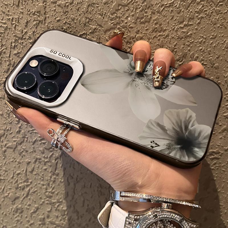 Luxury Black White Floral Pattern Phone Case For iPhone 17 Air 16 15 14 Pro Max 12 13 16 Plus Color Silver Electroplating Cover