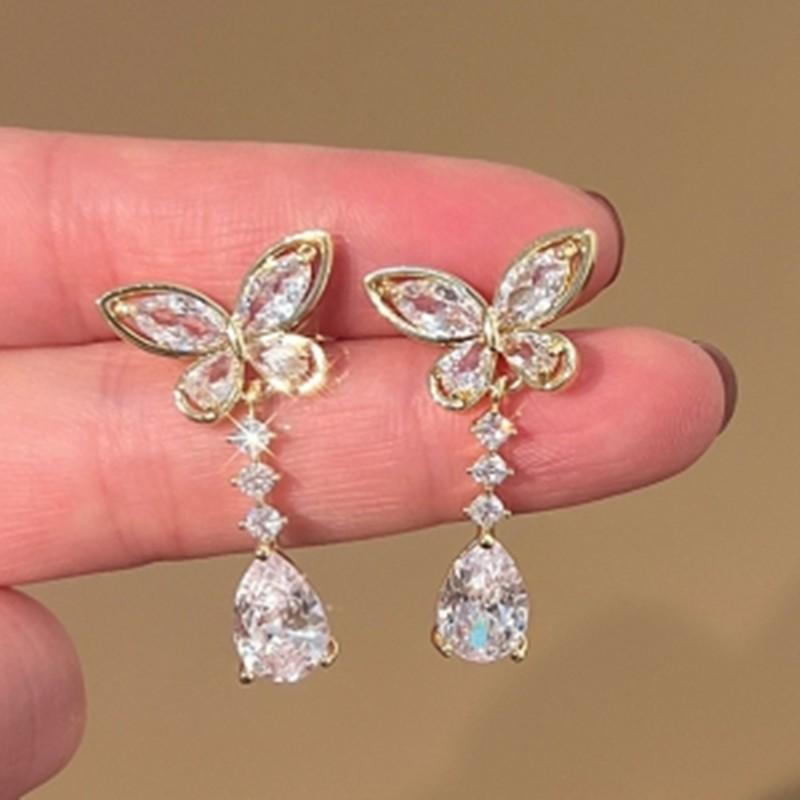 Super flash full diamond butterfly water drop fringed stud earrings exquisite medium and long temperament earrings