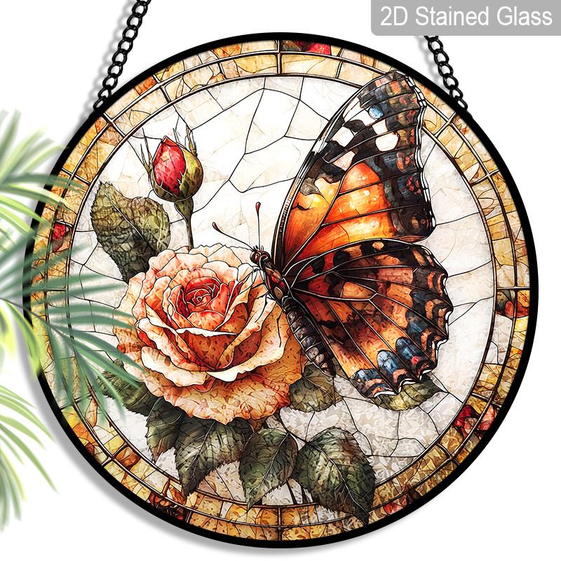 

2D Flat, 1pc Butterfly & Rose Round 7.87in Glass Suncatcher, Monarch Butterfly & Rose Print Window Hanging Ornament, Romantic Floral Home Decor 7.87inch