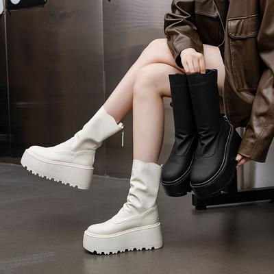 Women's Thick-soled Elastic Thin Boots 2025 Autumn and Winter New Solid Color Simple Short Boots British Style Boots Versatile Fashion