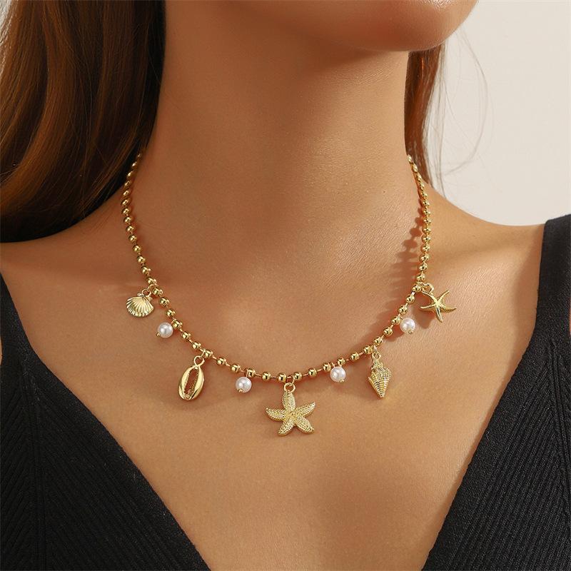 Boho Big Starfish Star Pendant Necklace For Women Conch Shell Pearl Metal Chain Choker Beach Party Exaggerated Jewelry Gift