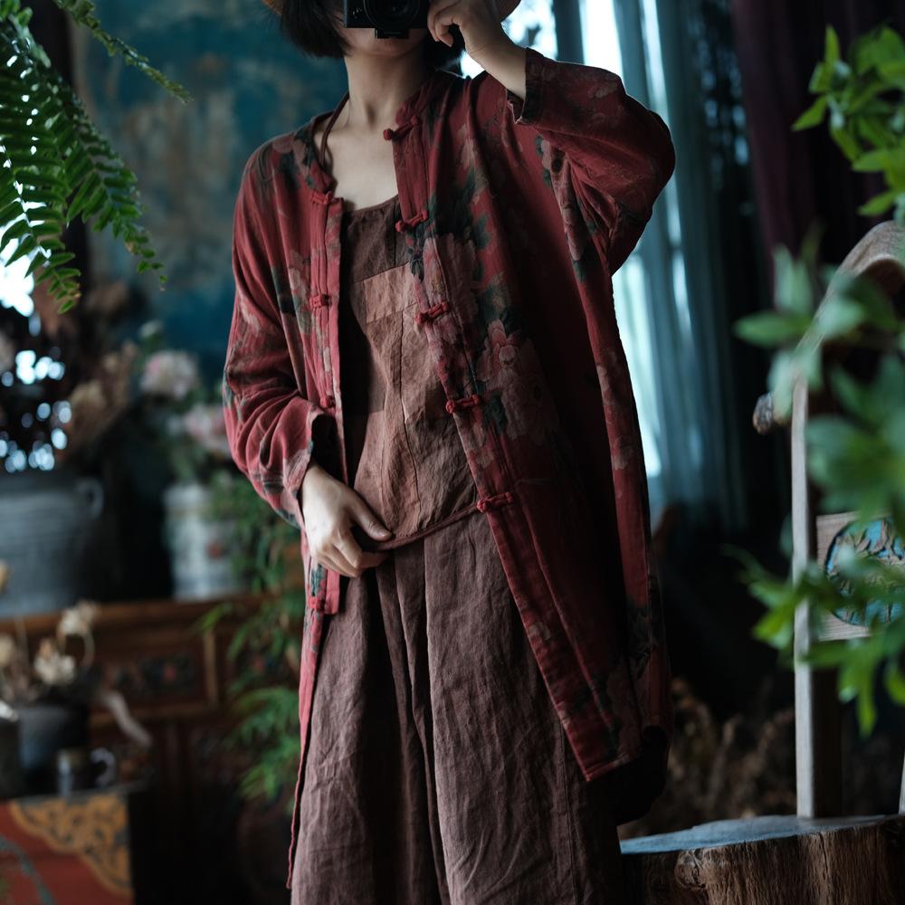 Johnature Vintage Women Red Print Floral Long Shirts Button Stand Long Sleeve Blouses Autumn Chinese Style Shirt