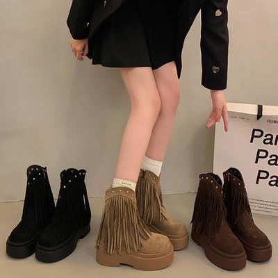 Bottes de cow-girl occidentales vintage épaisses pour femmes, chaussures à pompons à la mode, automne hiver, talon plateforme, bottines courtes pour dames