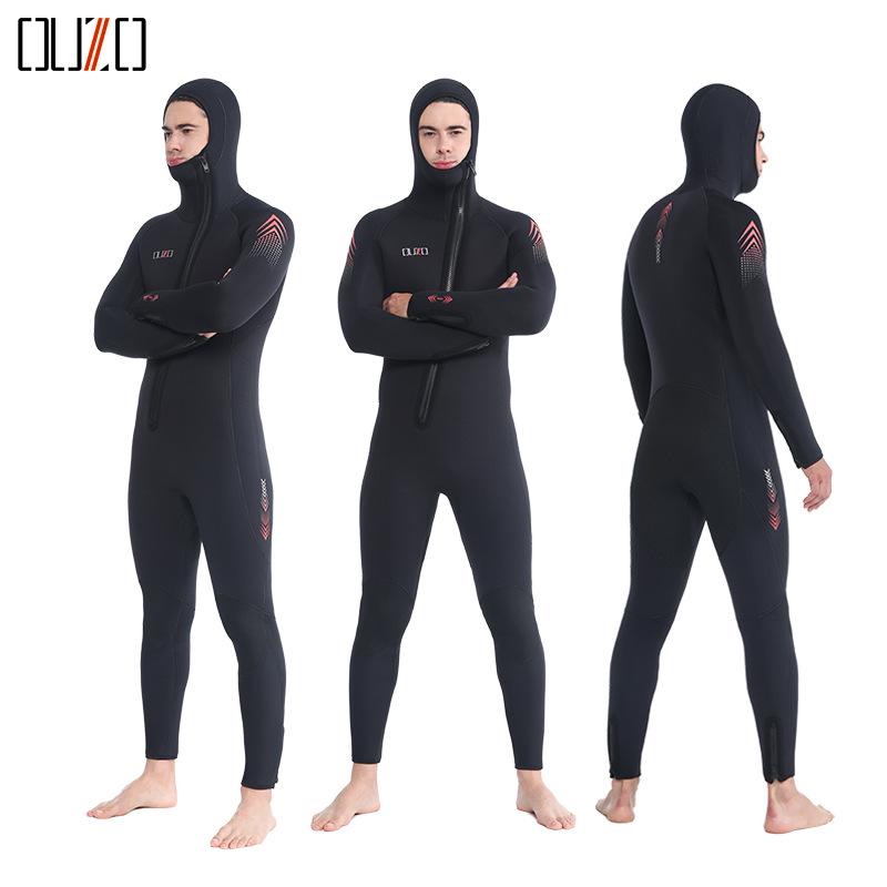 OUZO 7mm Men's One-Piece CR Elastic Wetsuit for Cold-Proof Diving, Surfing, and Winter Swimming.