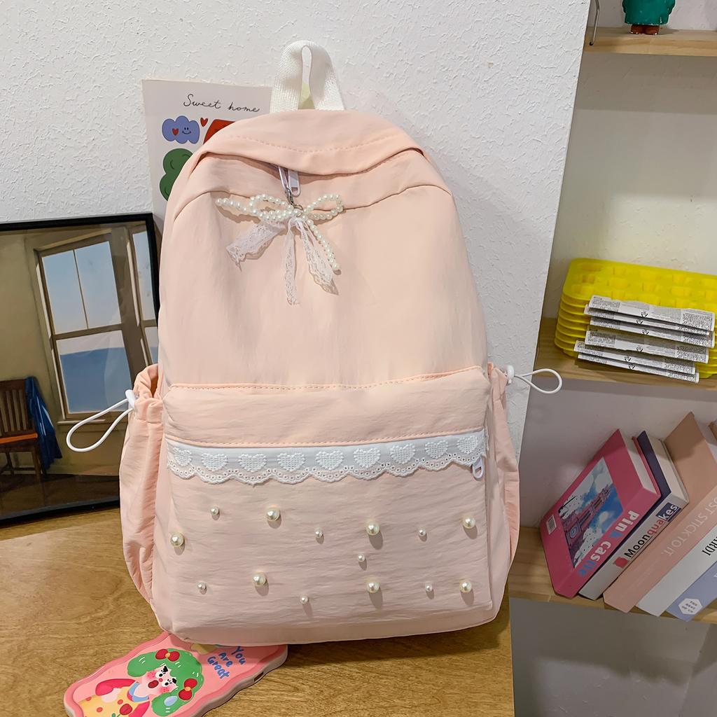 Zaino versione coreana dolce pizzo borsa zaino carina fiocco perla zaino studente moda casual versatile zaino