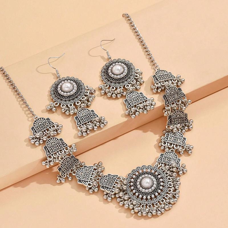

Fashion Gemstone Tassel Necklace Earrings Set for Women , Vintage Geometric Alloy Jewelry білий