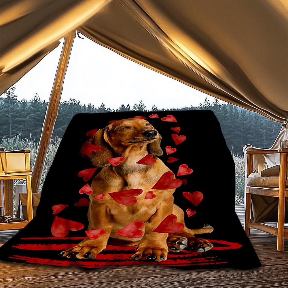 1pc Heart Dog Print Outdoor Flannel Blanket , Machine Washable Perfect Gift for Birthday , Holiday Travel Accessory , Durable Material