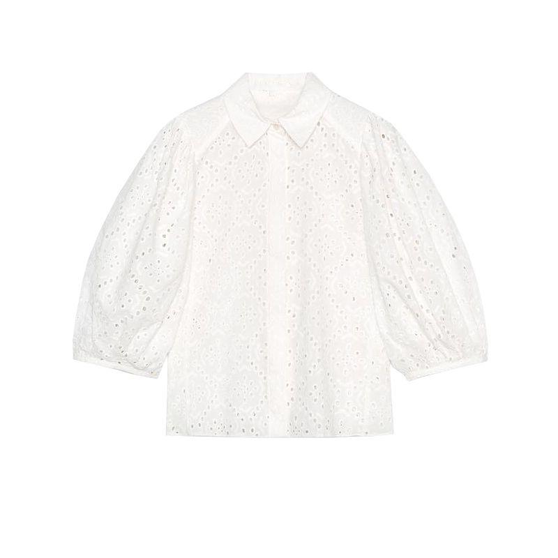 

Summer New Product Women s Clothes French Simplicity Style Lapel Puff Sleeves Cotton Cut Out Embroider Shirt 4043070 White L