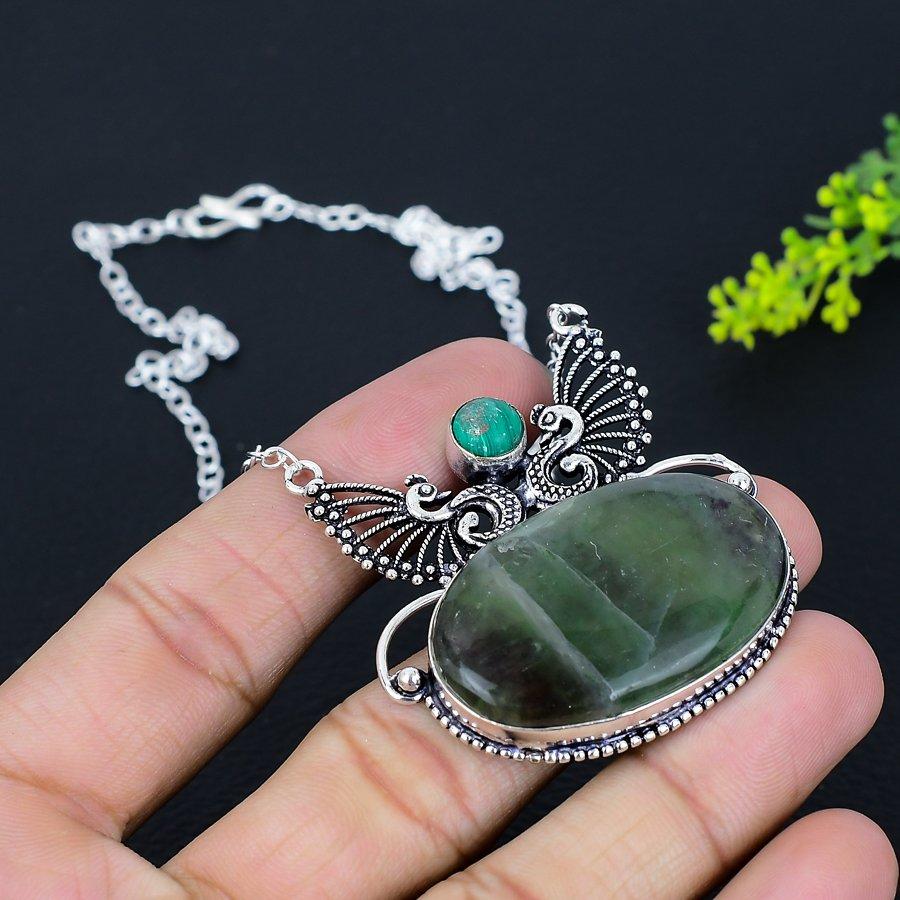 Natural Nepharite, Malachite Handmade 925 Sterling Silver Necklace 18" V3s96