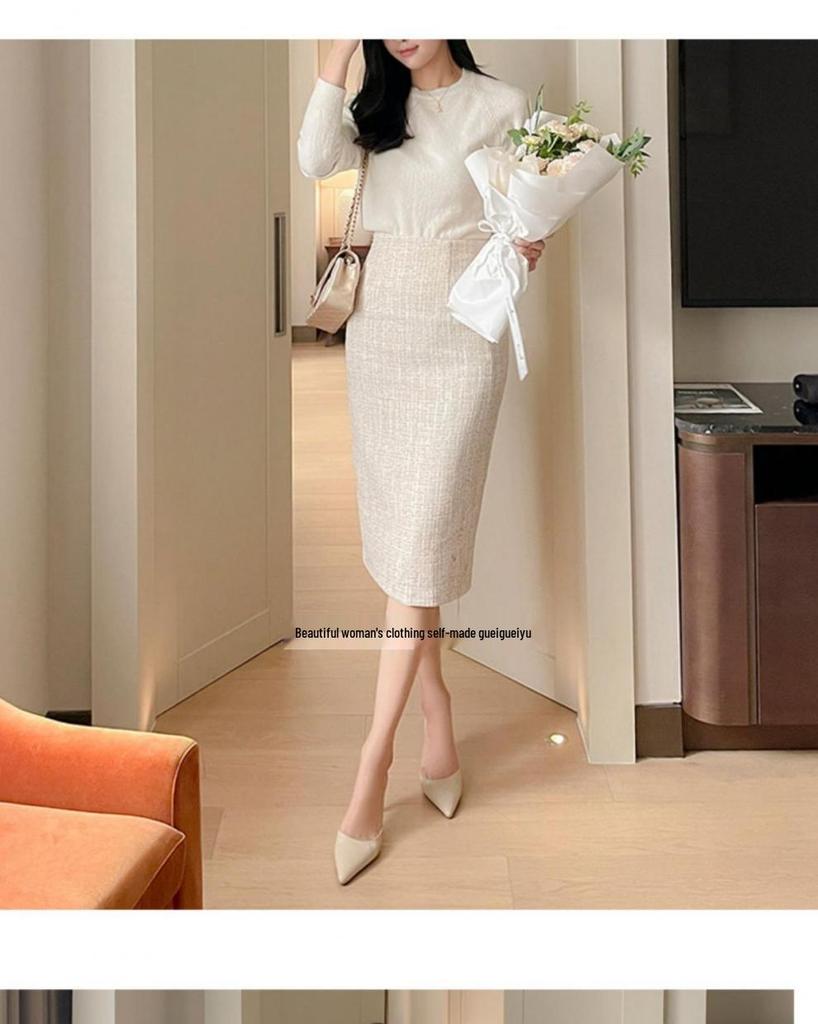 High-Waisted Tweed OL Midi Skirt - Autumn/Winter Hip-Wrap Style