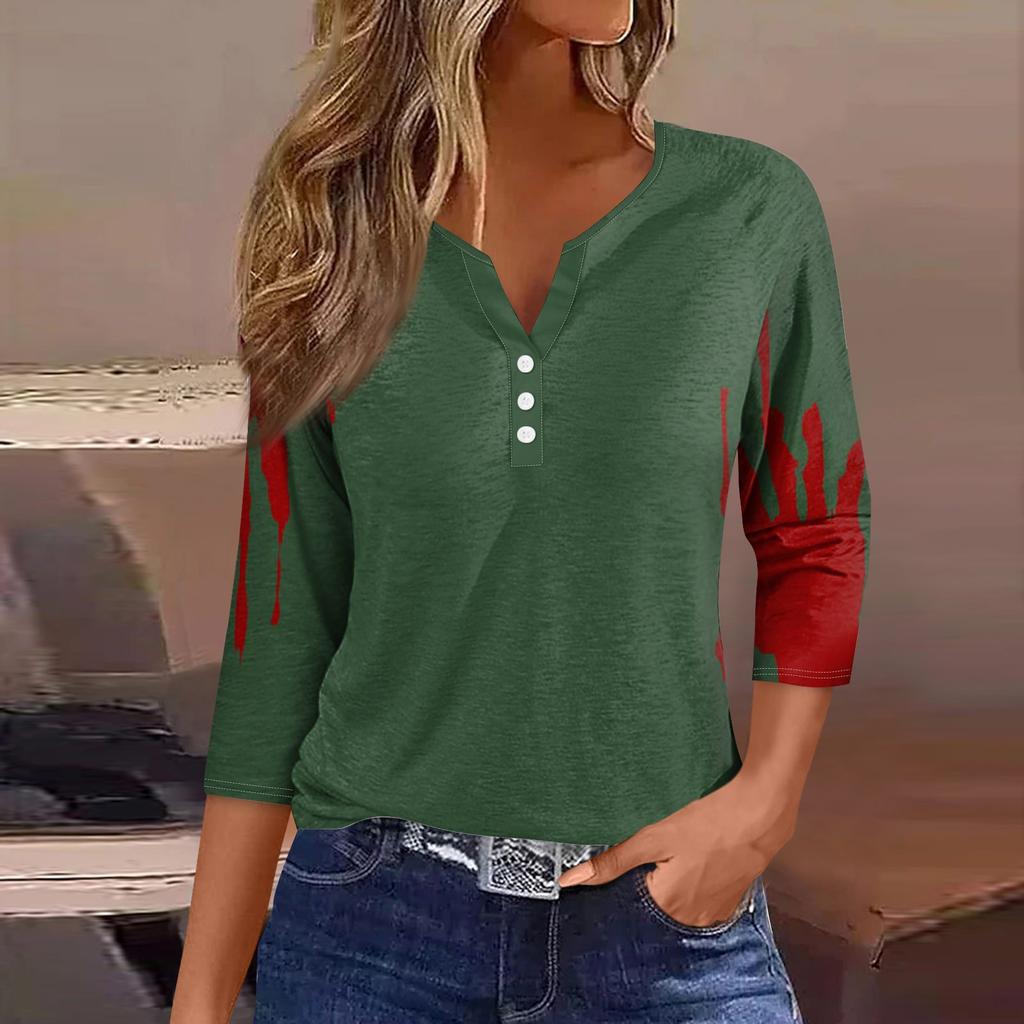 Damenmode Lässig Halloween Bedruckt V-Ausschnitt Kurzarm Dekorativer Knopf Dreiviertelarm T-Shirt Tor