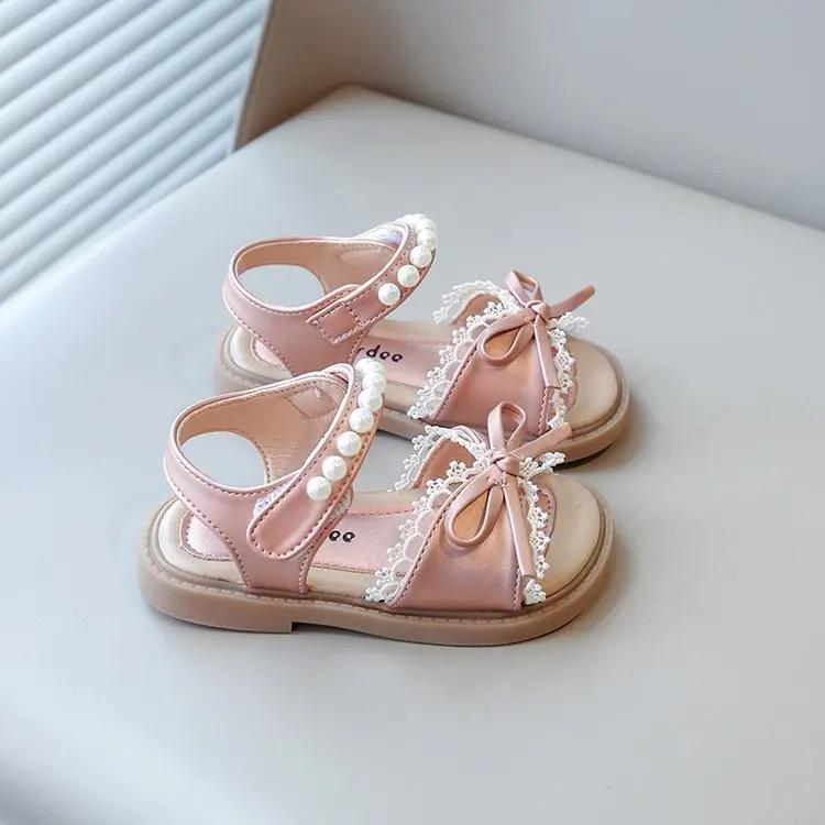 Toddlers Kids Beach Shoes for Girls Princess Bow-knot with Lace Children Pearl Beading Summer 2025 New Sandals Elegant Sweet Hot