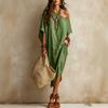 Dámské jednobarevné off-shoulder maxi šaty s netopýřími rukávy a rozparkem, volné, lněné, boho, na dovolenou, dlouhé šaty