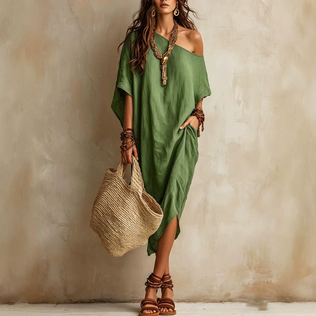 Dámské jednobarevné off-shoulder maxi šaty s netopýřími rukávy a rozparkem, volné, lněné, boho, na dovolenou, dlouhé šaty