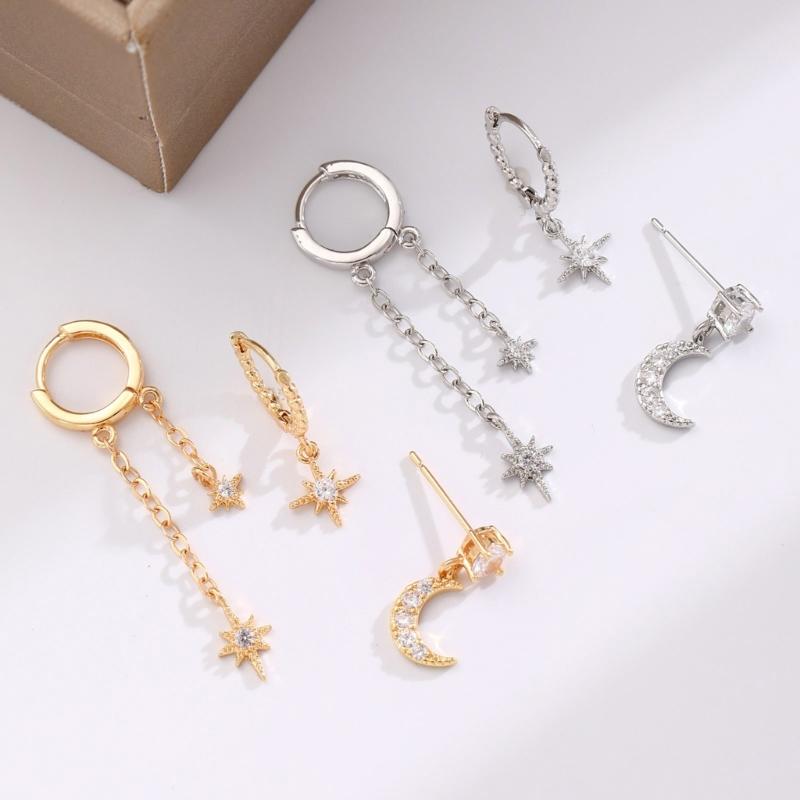 3Pcs Modern Star And Moon Earring Collection Uneven Plan Casual Fit Morning To Evening Accessories
