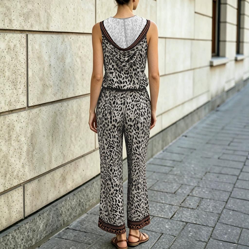 YYFS Women's Fashion Casual Summer Spring Leopard Print Sleeveless V-Neck Trousers Pants Suits