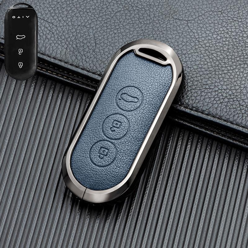 Business Style Double-Sided Leather Key Shell for AITO M7/M5 EV 2022 Model - Full Coverage Metal Car Key Case