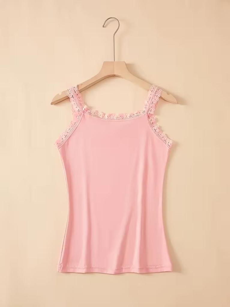 Elegant Lace Trim Women Camisole Solid Color Vest, Lace Patchwork, Round Neck Camisole Women's Top