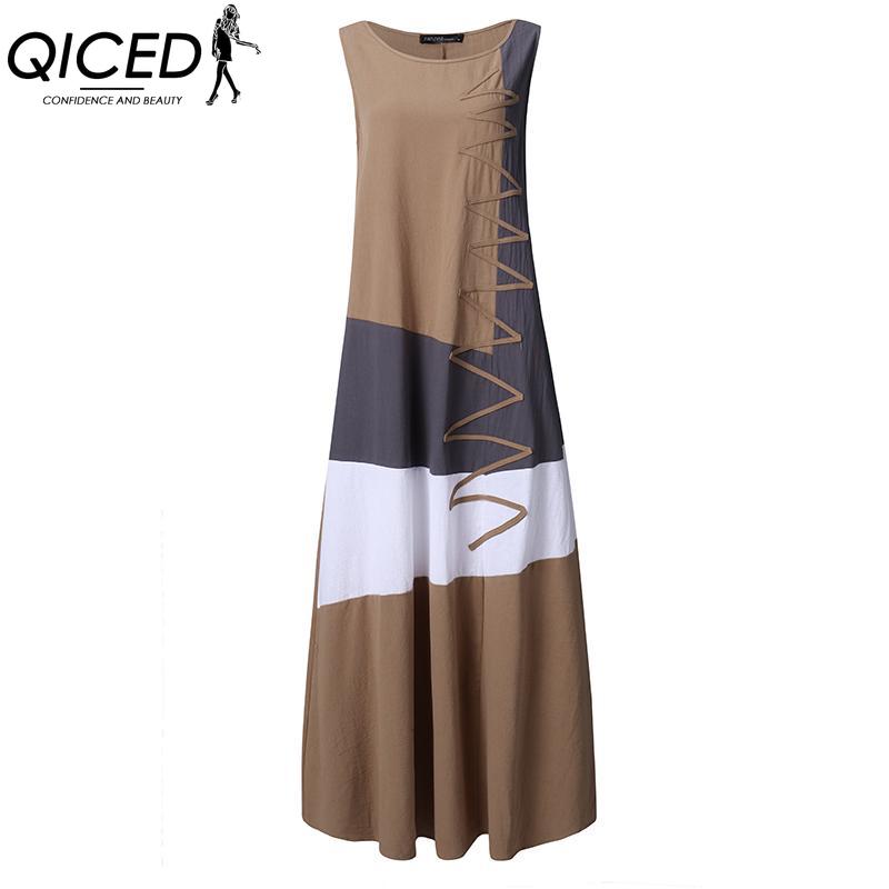 QICED Women Cotton Sleeveless O-Neck Summer Vintage Print Long Dress