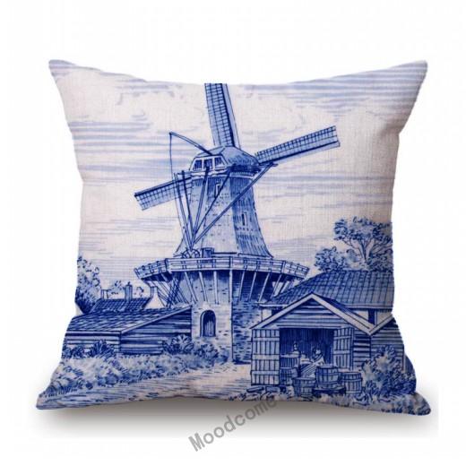Traditional Deflt Blue Royal Holland Wildmill Toile De Jouy Art Decoration Sofa Throw Pillow Case Cotton Linen Cushion Cover