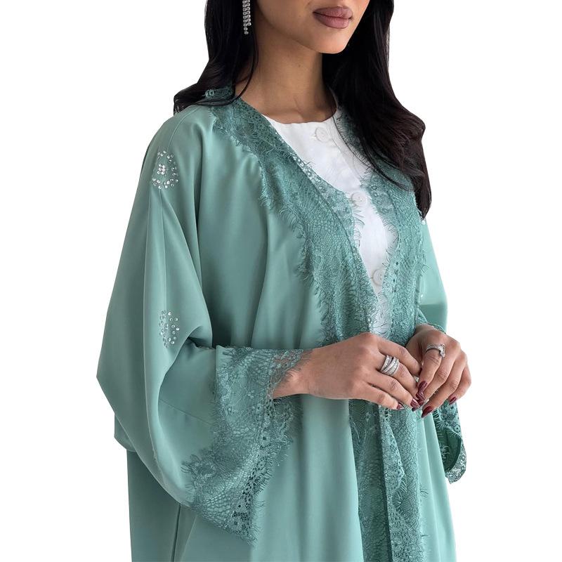 MQ214 Spitzen-Patchwork Langer Mantel - Bescheidene Abaya Robe für Muslimische Mode