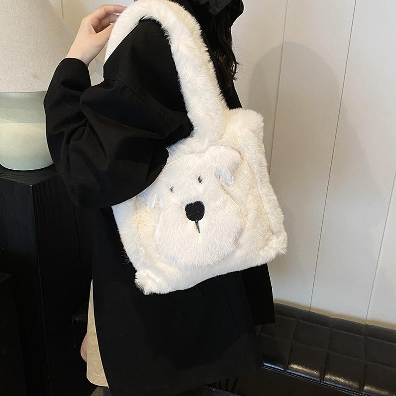 Peluche cachorro lindo casual esponjoso bolso de mujer otoño nueva tendencia moda personalizado portátil bolso de hombro