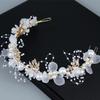 Hand-Woven Pearl Flower Bridal Headband with Golden Leaf Design