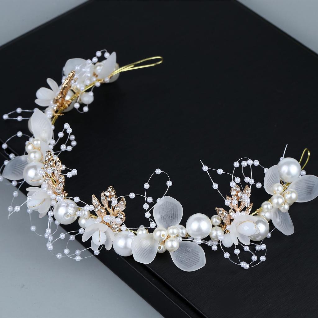 Hand-Woven Pearl Flower Bridal Headband with Golden Leaf Design