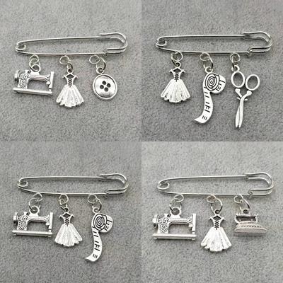 Vintage Sewing Themed Brooch - Sewing Machine, Dress, Scissors & Thread Charm Pin for Daily Wear, Great Gift for Tailors & Dressmakers