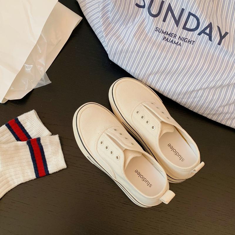 

Advanced sense~ height increase 7cm lazy without shoelaces round head thick sole one pedal casual board shoes women s canvas shoes 40