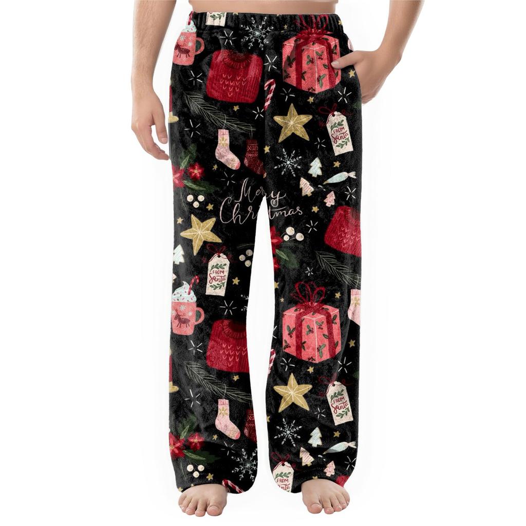 Men's Flannel Pocket Casual Pants, Printed Pocket Casual Pants, Home Sleeping Pants