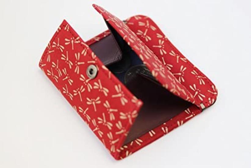 Inden Yushichi Uehara Genuine Leather with Card Coin Purse with Four Sides Model Number Red Background X White Dragonfly Genuine Made In Japan