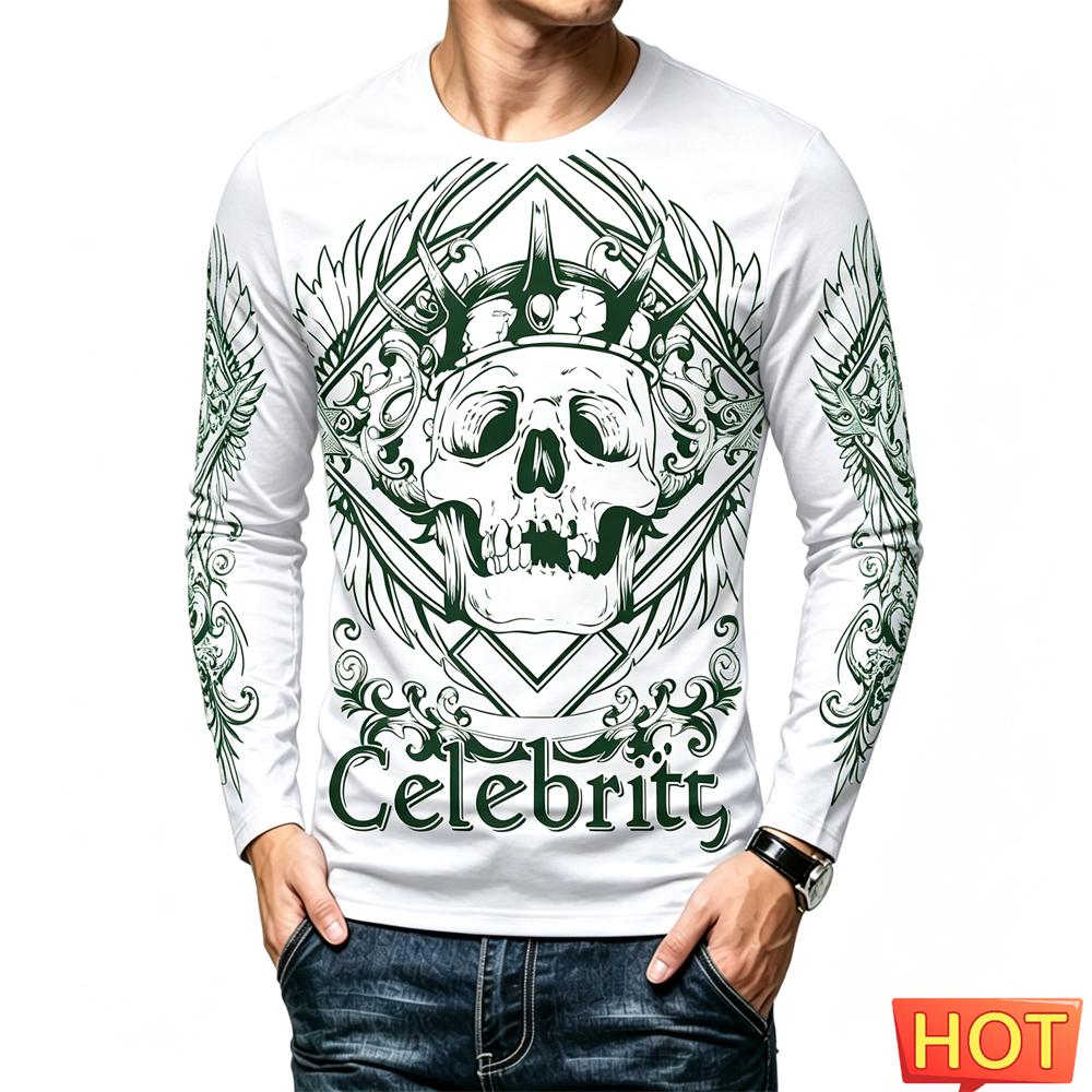 Autumn Long Sleeve T-shirt Funny 3D Skull Print Men's T Shirt Hip Hop Trend Street Clothing Casual O-neck Oversized Pullover Tee