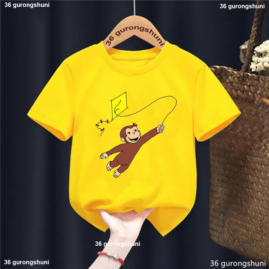 Summer Cute Children's Clothing Curious George Monkey Cartoon Print Yellow T-Shirt