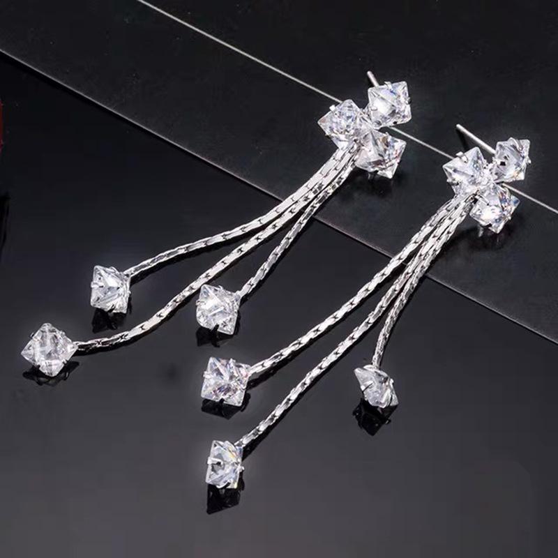 S925 Silver Needle Square Zircon Tassel Earrings for Women - Celebrity Style, Versatile, Sweet, Temperament.