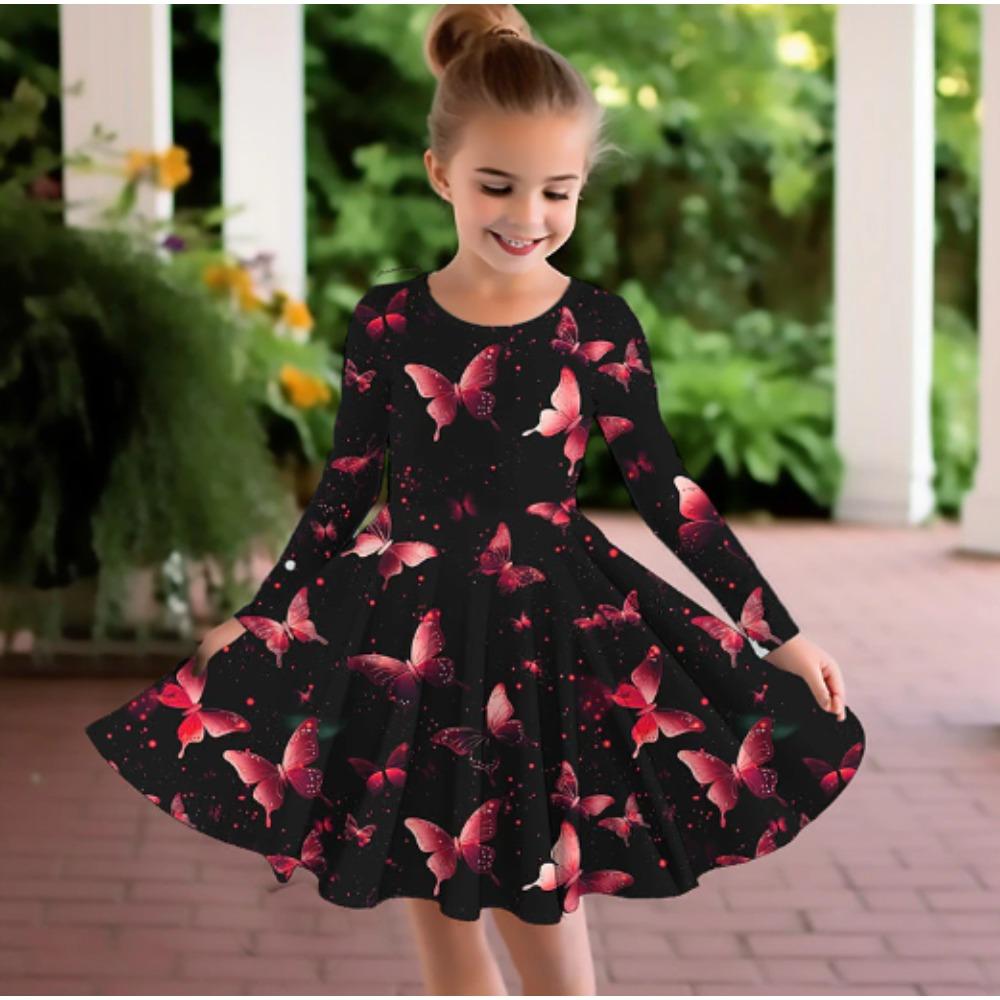 Girl Casual 3D Glitter Butterfly Print Round Neck Long Sleeve Dress Kid Princess Dress