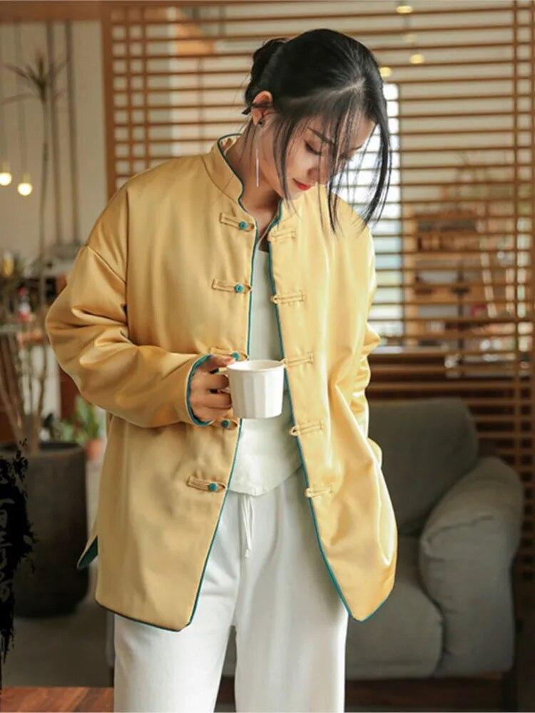 

Johnature женское хлопковое пальто с ацетатной атласной подкладкой и длинным рукавом, свободное лоскутное пальто на пуговицах, зимнее однотонное пальто M светло-желтого