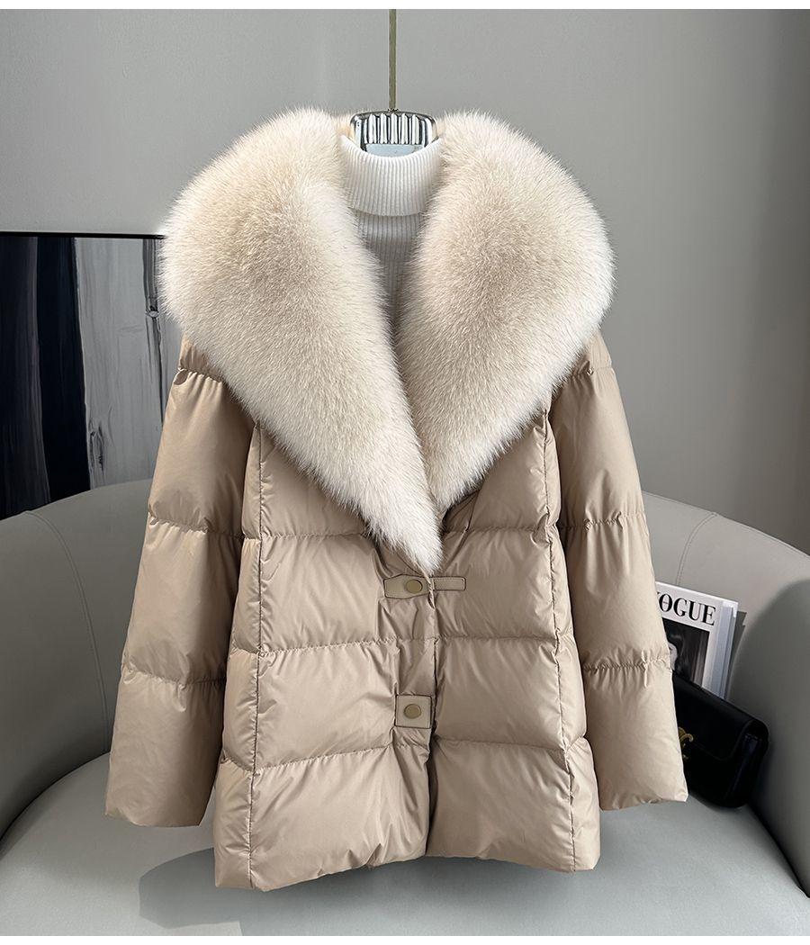 

Женский пуховик из искусственного лисьего меха высокого класса, съемный, с большим лацканом, 2025 зима, новый, средней длины, свободного кроя, пальто с пухом белого гуся XXL хаки