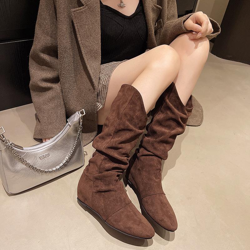 Inner heightening suede pleated stacking boots women's 2025 autumn and winter new pointed western cowboy boots lapel mid boots women
