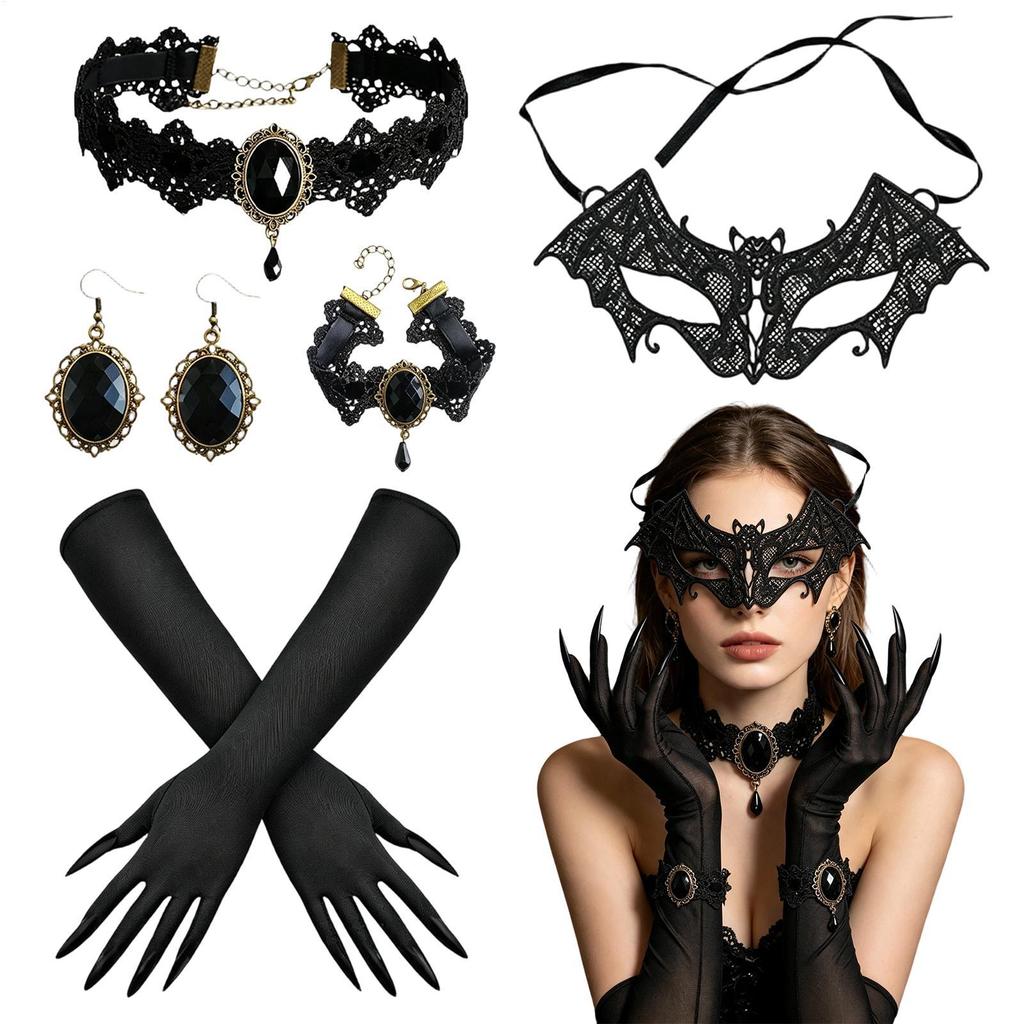 1Pcs Halloween Costume Accessories Cosplay Choker Necklace with Long Gloves Lace Bat Masque with Bracelet and Earrings