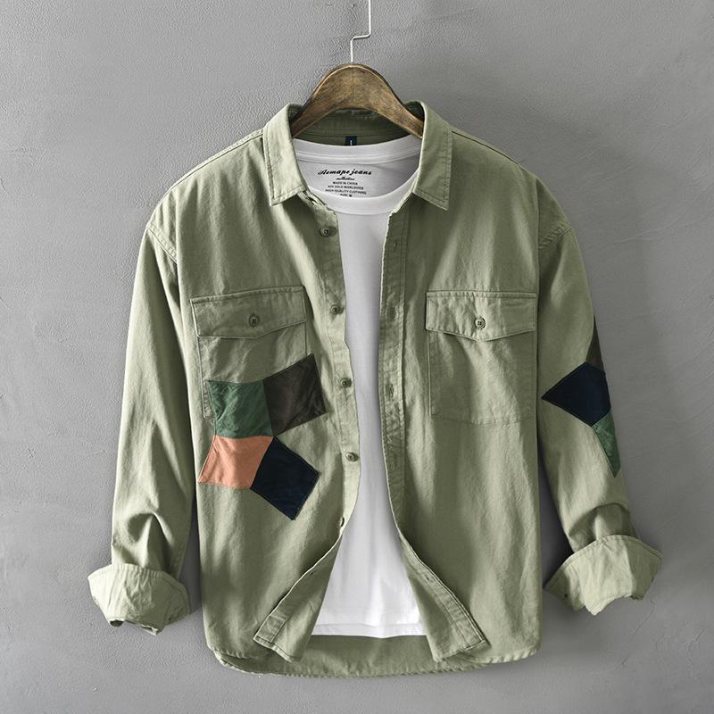 

Spring/Autumn Cargo Long Sleeve Shirts for Men New Fashion Streetwear Causal Overshirt Double Pockets Stitching Shirt Pure Cotton Men Clothing XXXL армія зелений колір