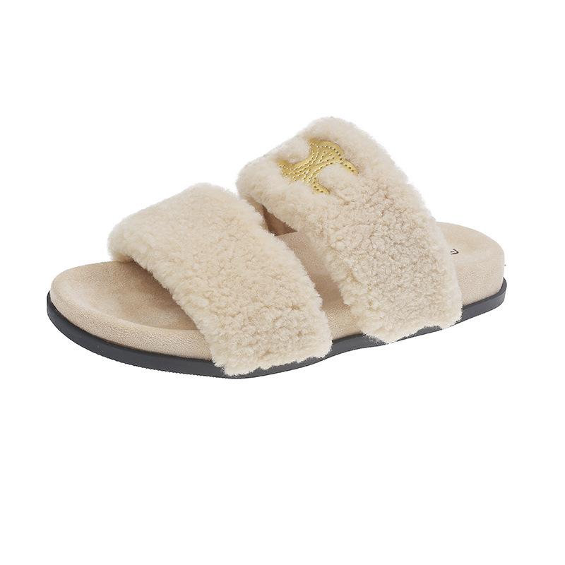 

Тапочки Mao Mao женская верхняя одежда 2025 осень и зима новые модели очень легко носить толстая подошва овечья шерсть с открытым носком ленивые хлопковые тапочки 40 бежевый