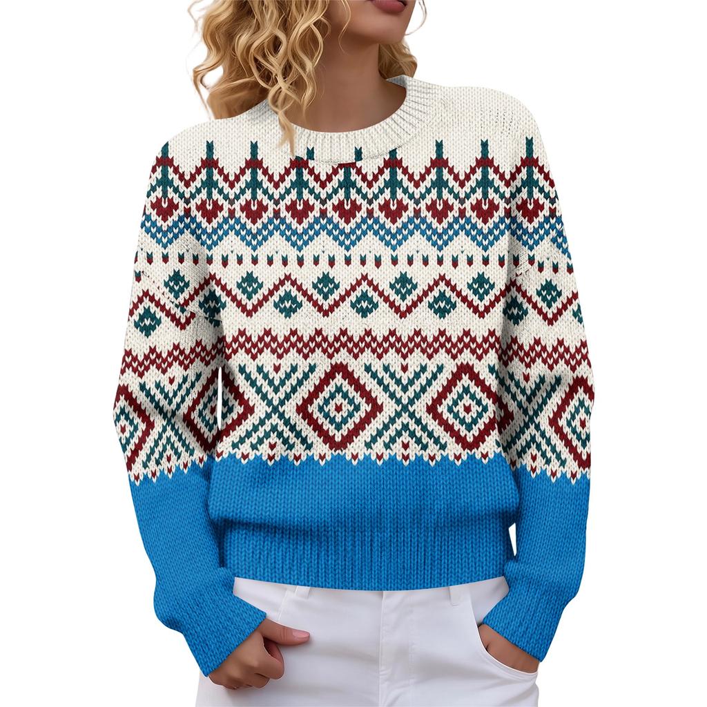 Women's Fashion Soft Long Sleeve Printed Neck Pullover Sweater for Fall Winter