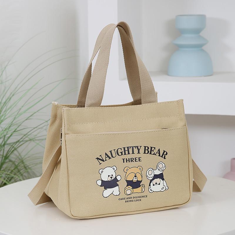 Bento bag Women's hand carry canvas bag Cartoon bear printed handbag Office worker portable large-capacity lunch box bag