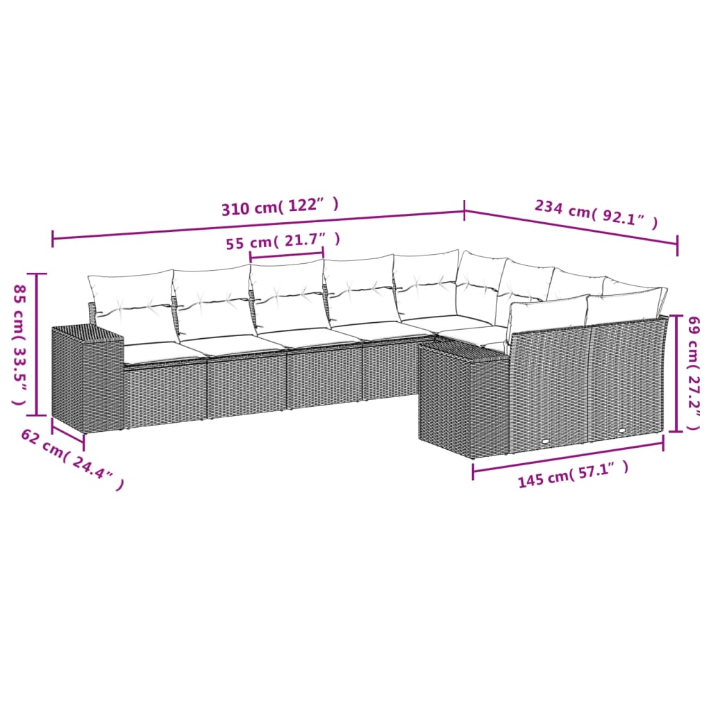 9 Piece Garden Sofa Set with Cushions Brown Poly Rattan