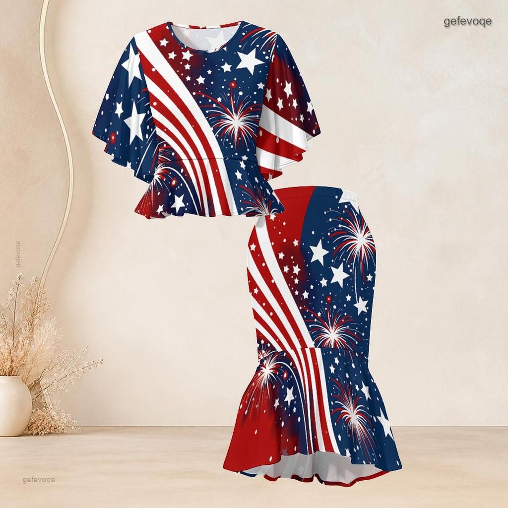 Women Plus Size Two Piece Set Round Neck Batwing Sleeve Ruffle Hem Top Black Gold Printed Fishtail Skirt