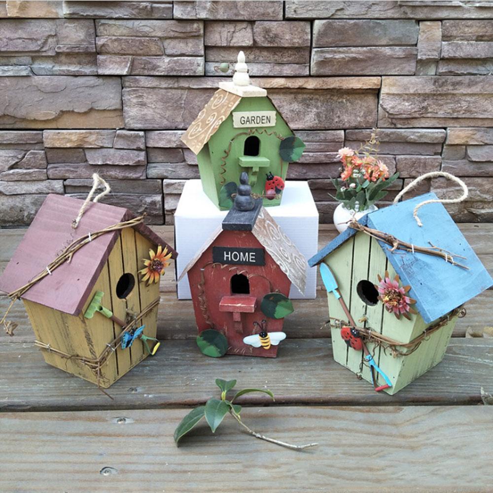 Hanging Bird House Decor Wooden Red Roof Hanging Birdhouse Decorative Outdoor Garden