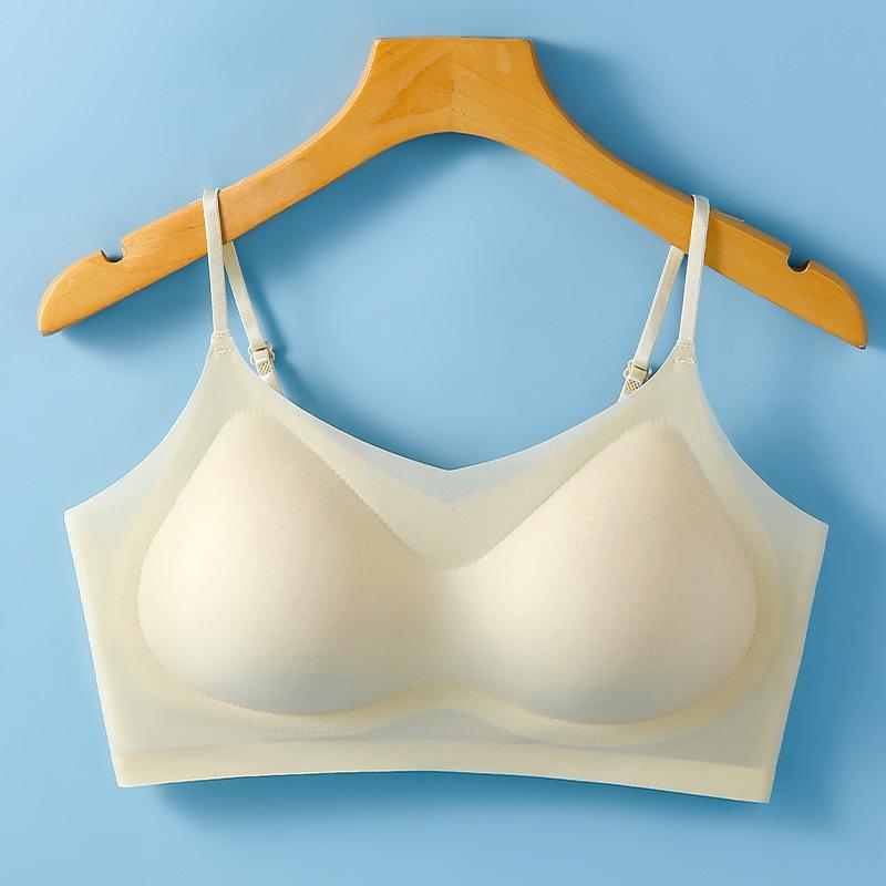 

Летняя бесшовная женская майка из ледяного шелка: Тонкие бретели, красивая спина, бесшовный кремовый бюстгальтер без косточек M